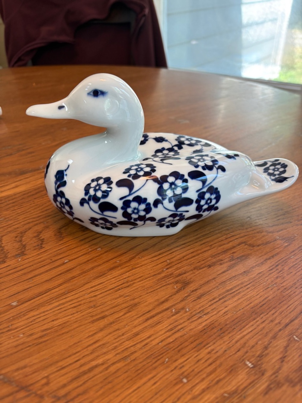 Blue and White Floral Ceramic Duck Figurine by